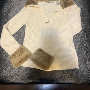 Liz Claiborne Cream Sweater with Brown Faux Fur